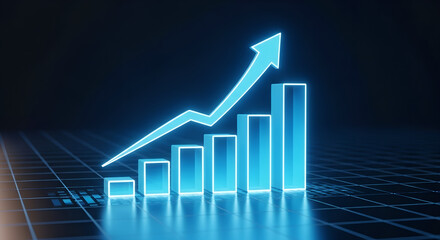 Glowing blue bar graph with upward trending arrow represents business growth and financial success on a grid background