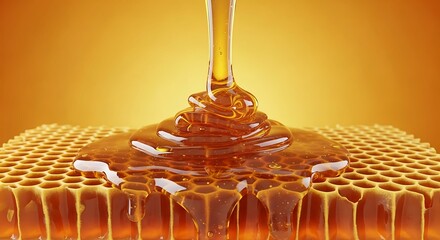 Honey dripping on honeycomb with golden background