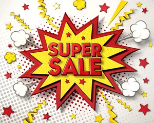 Explosion comic book style super sale text with confetti and stars on a dotted background, representing a big discount event