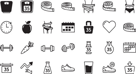 Fitness and diet icons, weight loss, exercise, healthy eating, calorie counting, gym equipment, stopwatch, meal planning, wellness, health tracking