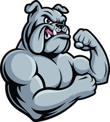 Strong muscular bulldog mascot, cartoon dog illustration, aggressive animal character, gym logo design, tough pet symbol, sports branding