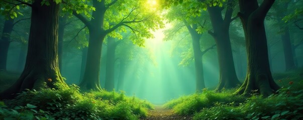 Obraz premium Enchanting magic forest background with vibrant green foliage, towering trees, and rays of sunlight filtering through canopy , Magic forest, ethereal