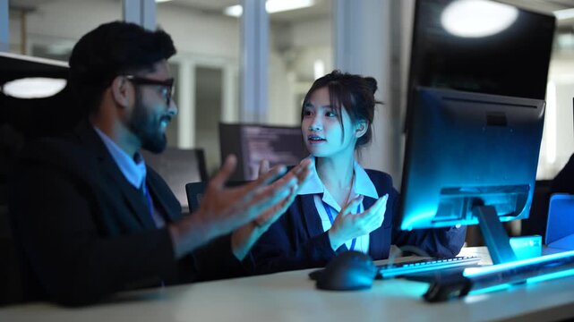 Two software engineers engage in a pair programming session, discussing the architecture of a new backend service. They are collaborating on code in a high-tech development hub.