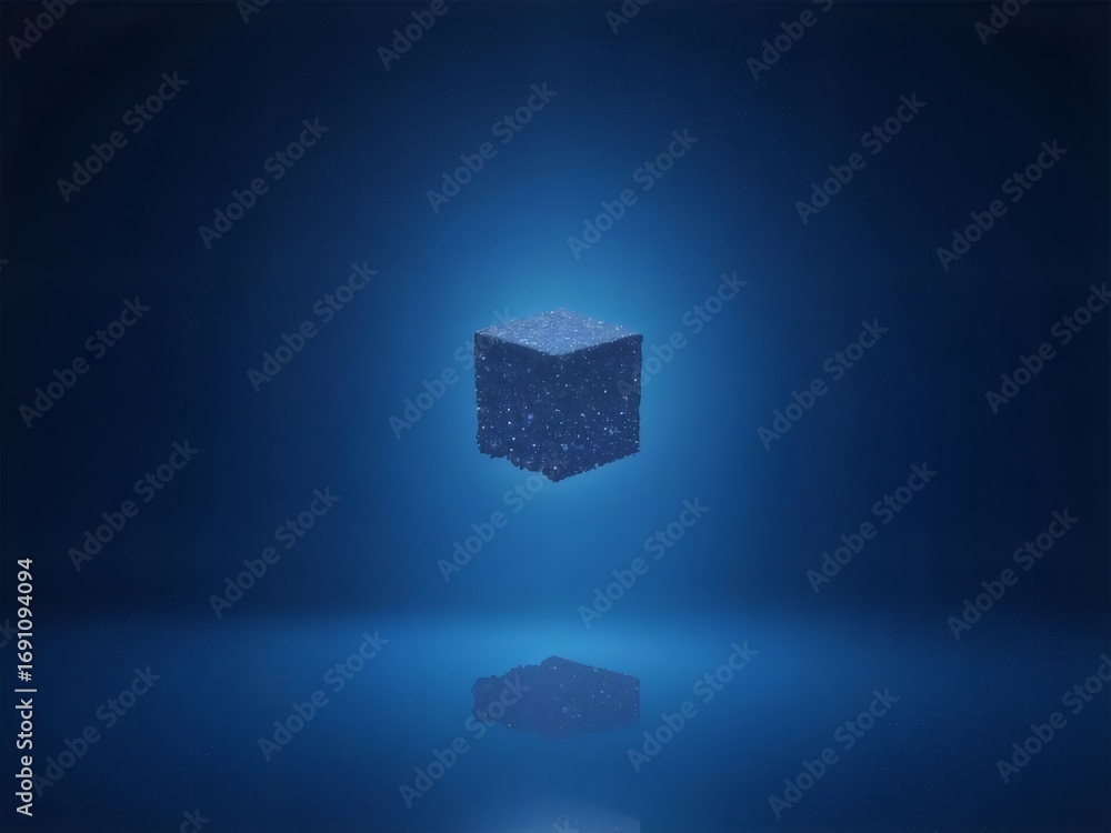 Fototapete abstract floating cubic structure with luminous pixels on blue gradient background