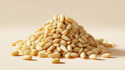 Heap of fresh pine nuts isolated on white background, a culinary ingredient used in pesto and other dishes, studio shot with soft lighting