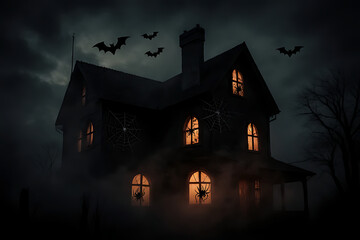 Spooky Haunted House on Halloween Night &ndash; Moonlit Mansion with Bats, Cobwebs and Jack-o'-Lanterns