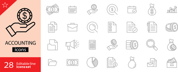 Accounting icon set. Containing financial statement, accountant, financial audit, invoice, tax calculator, business firm, tax return, income and balance sheet icons. Thin line collection.