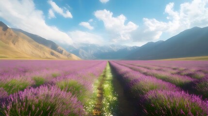 Obraz premium 紫色のラベンダー畑の美しい風景と山並みが背景にある晴れた空の下で光に満ちた場所