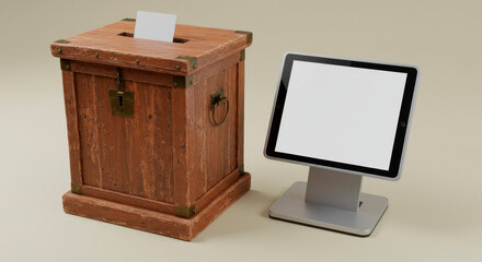 Wooden ballot box and digital tablet with blank screen. Voting technology for modern election day. Political process and democratic choice concept.