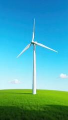 Fototapeta premium A realistic mockup of a wind turbine on a green field under a clear blue sky, showcasing renewable energy and sustainability , rural, clean energy