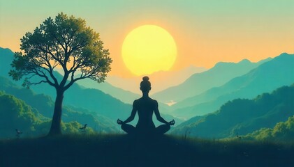 A peaceful yoga icon symbolizing balance and harmony with nature, featuring a silhouette meditating amidst a serene landscape , calmness, landscape