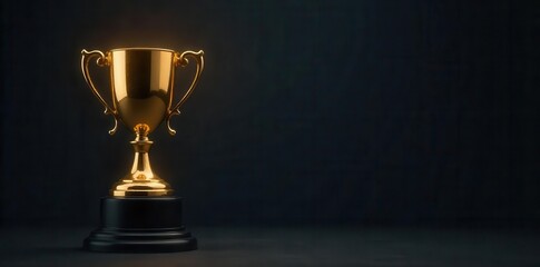 A golden trophy resting on a pedestal against a dark background, symbolizing success and victory, champion, pedestal