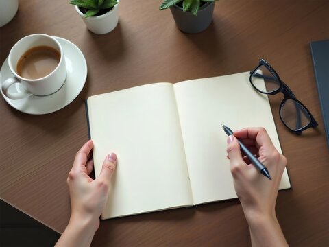 クリーム色 の スプレッド で 茶色 の 木 の テーブル の 上 の シルバー ペン で 書く 女性 の 手