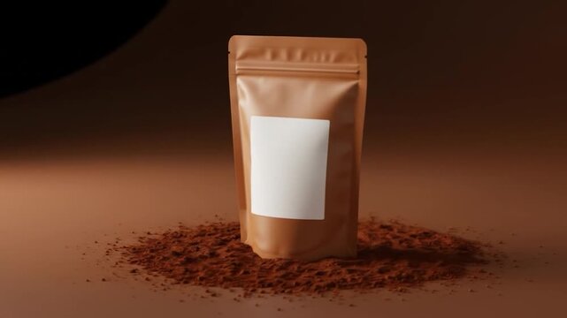 Pouch packaging mockup with cocoa powder brown monochrome product presentation