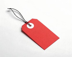 A single red blank tag with a string, isolated on a white background, ready for price or information