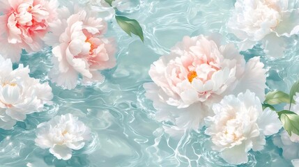 水面と白とピンクの牡丹の花の模様のエレガントな壁紙