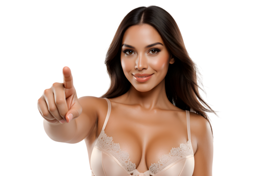 Smiling woman wearing bra pointing forward isolated on transparent background
