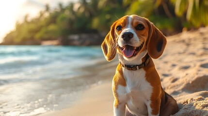 A cheerful Beagle dog enjoys a sunny day on a sandy beach with gentle ocean waves and tropical foliage in the background
