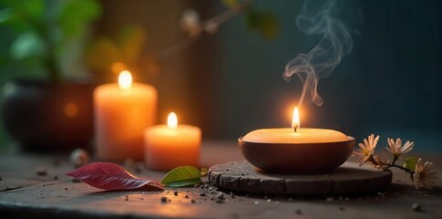 A serene meditation scene with candles and incense, creating a peaceful atmosphere for relaxation and mindfulness , reflection, peaceful space