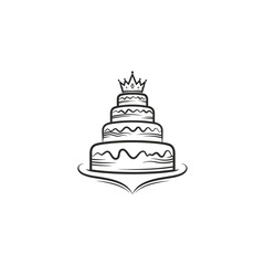A line drawing of a tiered cake with a crown on top sitting on a decorative cake stand design