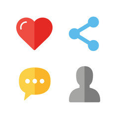 A collection of four social media icons including a heart share chat and profile on a white background