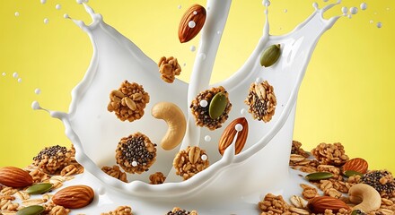 Splash of milk with granola and nuts on yellow background