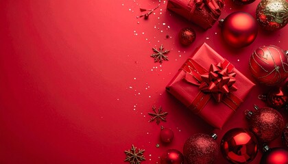 Christmas gift box with red ribbon and holiday ornaments on bright red background. Decoration aligned on the right with empty copy space on the left for festive message or promotion.