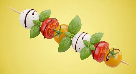 Caprese skewer with basil on yellow background