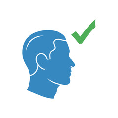 A blue silhouette of a head in profile with a green check mark next to it on a white background