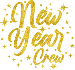 Golden glitter new year crew text with sparkling stars and confetti on a dark background festive celebration new year s eve party silhouette