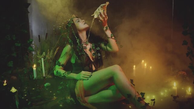 river nymph fantasy woman holding large sea shell in hands, pouring fresh water on face body, black night dark lake fog magic glow neon light. Fairy sexy girl gothic style dress witch spell. body art