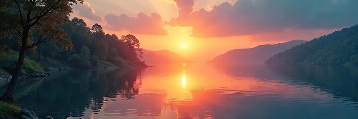 Obraz premium Serene sunrise over a tranquil lake, reflecting the peaceful atmosphere of spiritual awakening Perfect for meditation, yoga, mindfulness, and inner peace themes , connection, dawn