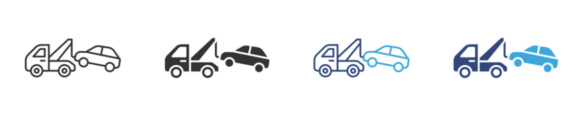 tow truck towing car icon set in outline and flat style , vector illustration. 