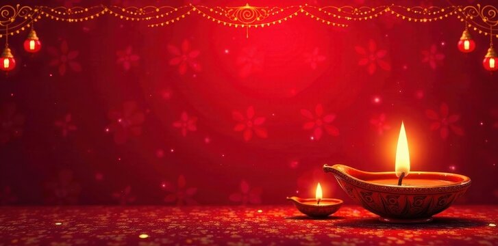 Red patterned background, glowing oil lamps Diwali festival banner , bright, holiday, bright colors