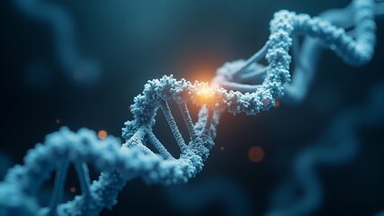 Intricate DNA double helix structure with glowing nodes in dark background  