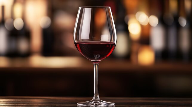 Glass of red wine elegantly placed on a dark wooden table, reflecting warm ambient light.