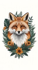 Obraz premium A captivating illustration of a fox's head, framed by a decorative arrangement of vibrant flowers and lush foliage, creating a serene and artistic composition.