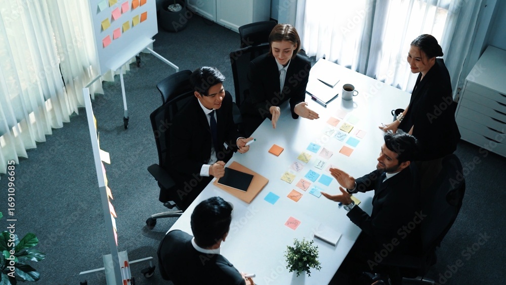 Poster top view of project manager present increasing sales chart while diverse group clapping hands to cel