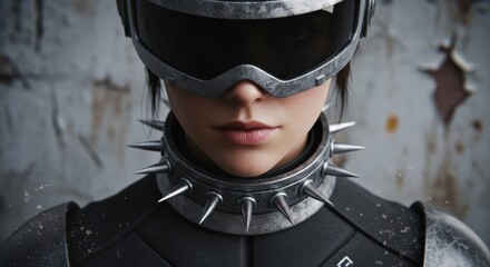 Futuristic female warrior with spiked armor and visor