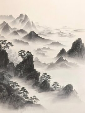 Serene Mountainscape Ink Wash Painting of Rugged Peaks and Billowing Mist in Black and White Hues