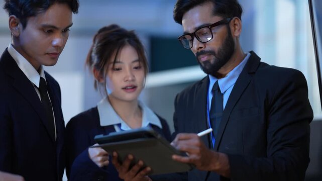 A diverse team of project managers collaborates on a new business strategy after hours. The team leader uses a stylus on a tablet to finalize plans with his colleagues.