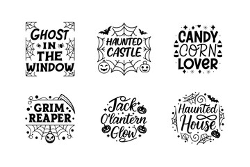 Fototapeta premium Halloween T-Shirt Design Bundle | Spooky Quotes, Haunted House, Grim Reaper, Jack O’Lantern, Ghost, Candy Corn Lover Graphics.