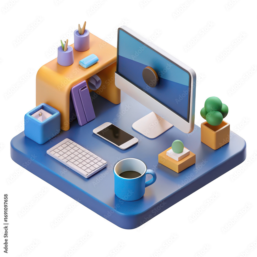 Fototapete isometric 3d rendering of a modern desk setup with computer phone keyboard and coffee on a clean iso