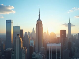 Cityscape Aerial View Of New York City Skyscrapers at Golden Sunset with Clear Sky and Bright