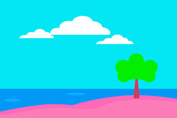 Illustrated cartoon landscape with tree and clouds