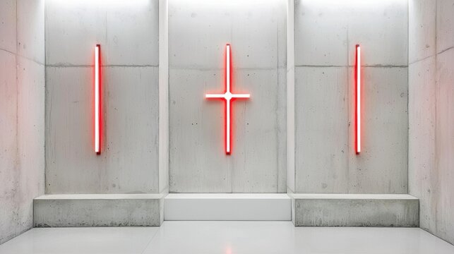 A minimalist art installation featuring three red neon crosses on a white wall. - Powered by Adobe
