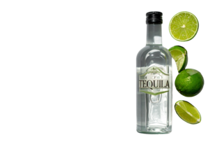 Minimalist Tequila Bottle and Lime Flat Lay