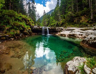Fototapeta premium Idyllic Mountain Stream with a Cascade and Clear Emerald Water in a Verdant Forest Landscape
