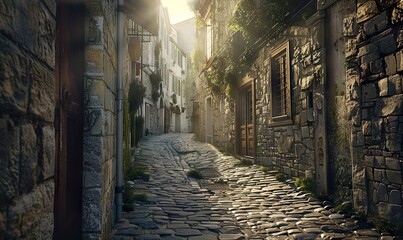 Obraz premium Sunlit Wet Cobblestone Alleyway in the City