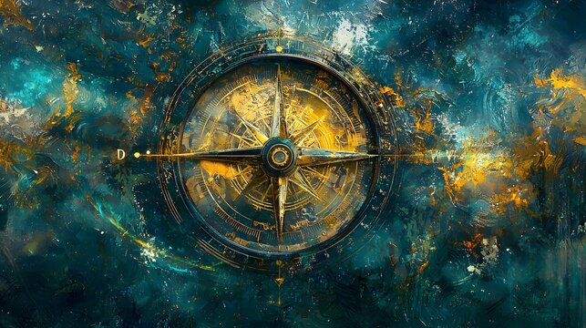 A fantasy navigational compass points the way through a swirling cosmic nebula, an epic abstract digital painting created by generative AI
